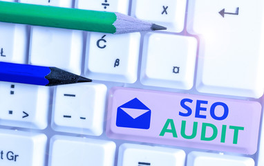 Conceptual hand writing showing Seo Audit. Concept meaning Search Engine Optimization validating...