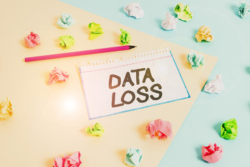Fototapeta na wymiar Word writing text Data Loss. Business photo showcasing process or event that results in data being corrupted and deleted Colored crumpled papers empty reminder blue yellow background clothespin