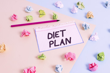 Word writing text Diet Plan. Business photo showcasing detailed proposal for doing or achieving a heathy eating habit Colored crumpled papers empty reminder blue yellow background clothespin