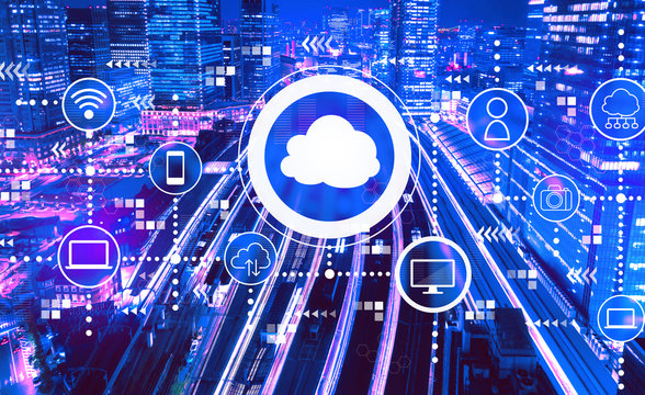 Cloud computing with aerial view of a large train station in Tokyo, Japan
