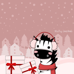 Zebra wearing scarf and earmuffs stand next to boxes of Present. Snowing town background. Vector illustration design.