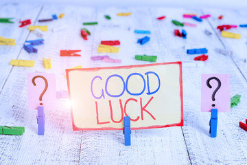 Word writing text Good Luck. Business photo showcasing wish positive fortune or happy outcome that a demonstrating can have Scribbled and crumbling sheet with paper clips placed on the wooden table