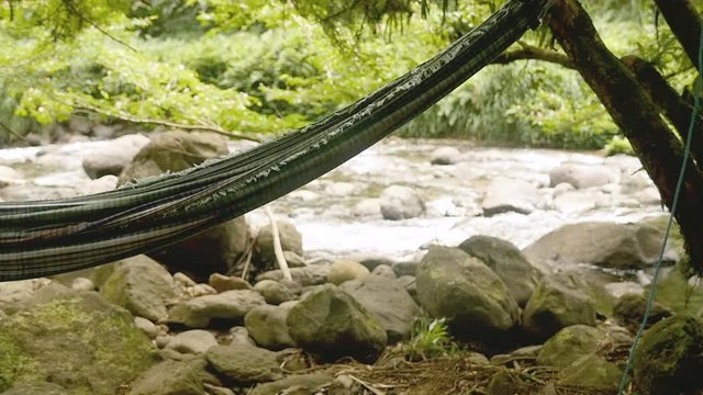 Hammock in front of a river in the Caribbean jungle