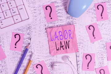 Conceptual hand writing showing Labor Law. Concept meaning rules relating to rights and...