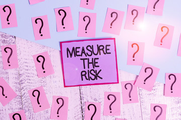 Handwriting text Measure The Risk. Conceptual photo determine degree of danger based on impact factors Scribbled and crumbling papers with thick cardboard above wooden table
