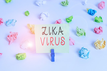 Word writing text Zika Virus. Business photo showcasing caused by a virus transmitted primarily by...