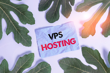 Conceptual hand writing showing Vps Hosting. Concept meaning mimics a dedicated server within a shared hosting environment Leaves surrounding notepaper above empty soft pastel table