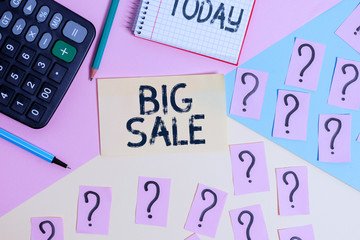 Conceptual hand writing showing Big Sale. Concept meaning putting products on high discount Great price Black Friday Mathematics stuff and writing equipment on pastel background
