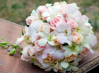 Vintage Bridal Bouquet of Roses and Dendrobium Orchids. Classic Wedding Flowers Design. 