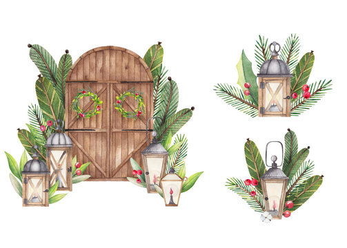 Watercolor Christmas Decor Set. Decorative Compositions Of Cute Lanterns With Pine Branches And Red Berries And Wooden Barn Door With Christmas Wreath. Winter Decor, New Year’s Mood. Isolated.