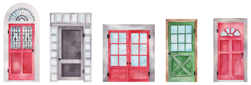 Watercolor doors set painting. Red, green and gray doors with windows isolated on white background.
