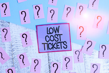 Handwriting text Low Cost Tickets. Conceptual photo small paper bought to provide access to service or show Scribbled and crumbling papers with thick cardboard above wooden table