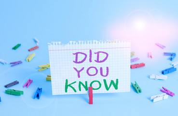 Word writing text Did You Know. Business photo showcasing Knowing the next move Thinking Trivia Brainstorming Wondering Colored clothespin rectangle square shaped paper light blue background