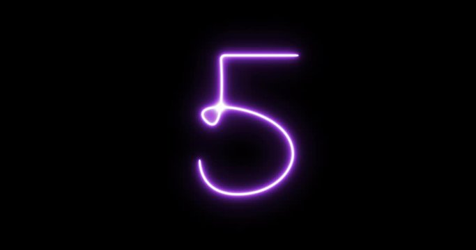 Purple neon tube folded in the form of number 5 on transparent background.
