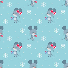 Colorful seamless pattern with cute mice. Christmas vector background.