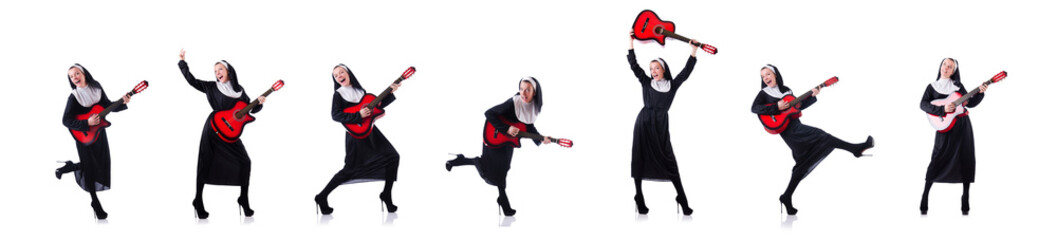 Nun playing guitar isolated on white