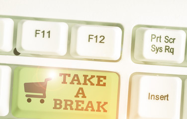 Text sign showing Take A Break. Business photo showcasing Resting Stop doing something recreation time get out of work