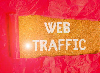 Handwriting text Web Traffic. Conceptual photo the amount of data sent and received by visitors to a website Cardboard which is torn in the middle placed above a wooden classic table