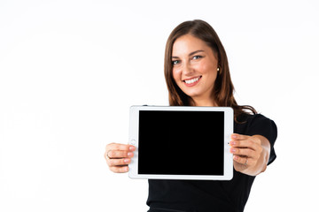 Young women in black dress hand holding tablet with white background