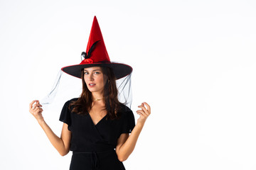 Halloween witch young woman on white background