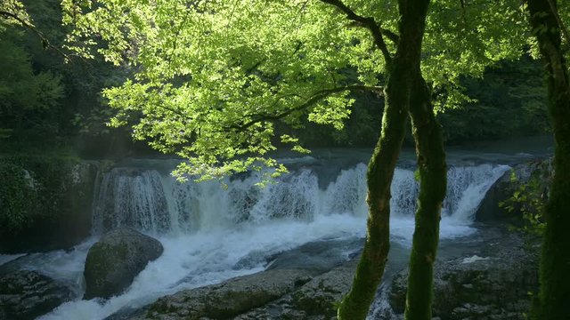 Waterfall Flowing Into The Cold Mountain River. Martvili Canyon, Georgia.