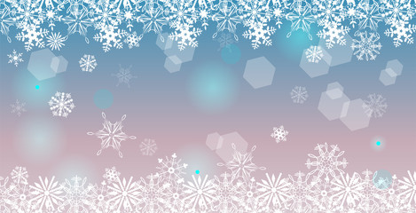 Pink-blue background with snowflakes. Copyspace. Vector graphics.