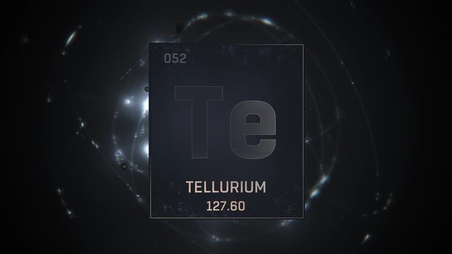 Tellurium as Element 52 of the Periodic Table. Seamlessly looping 3D animation on silver illuminated atom design background with orbiting electrons. Design shows name, atomic weight and element number