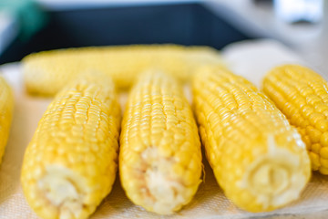 Corn cobs sit prepped and ready for the grill on a nice summer day.