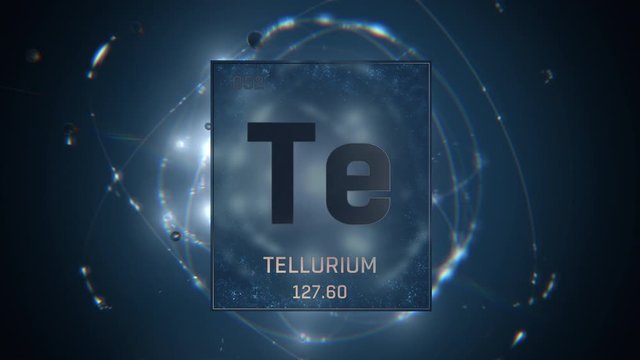 Tellurium as Element 52 of the Periodic Table. Seamlessly looping 3D animation on blue illuminated atom design background with orbiting electrons. Design shows name, atomic weight and element number
