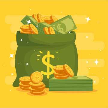 Money Bag With Coins And Bills Vector Illustration Design