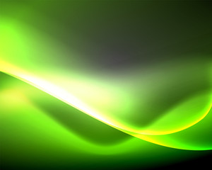 Dark space with shiny neon light motion waves. Abstract concept graphic element. Vector neon background. Technology background