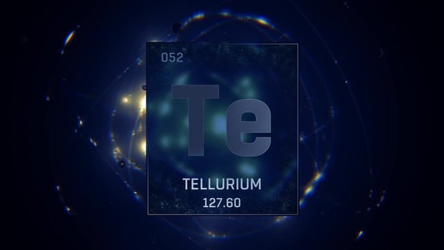 Tellurium as Element 52 of the Periodic Table. Seamlessly looping 3D animation on blue illuminated atom design background with orbiting electrons. Design shows name, atomic weight and element number