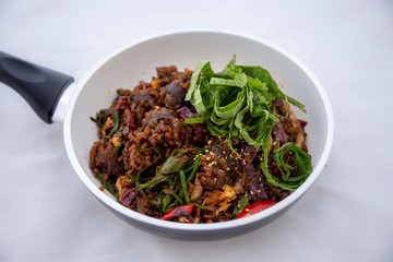 Stir-fried spicy Korean blood sausage which is called Sundae in Korea