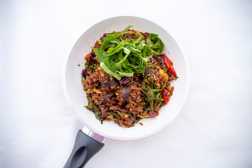 Stir-fried spicy Korean blood sausage which is called Sundae in Korea