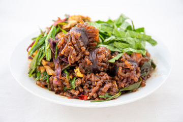 Stir-fried spicy Korean blood sausage which is called Sundae in Korea