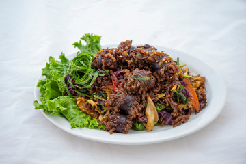 Stir-fried spicy Korean blood sausage which is called Sundae in Korea