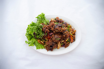 Stir-fried spicy Korean blood sausage which is called Sundae in Korea