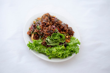 Stir-fried spicy Korean blood sausage which is called Sundae in Korea