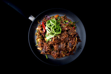 Stir-fried spicy Korean blood sausage which is called Sundae in Korea