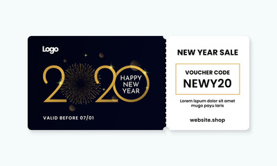 Gold Happy New Year 2020 voucher gift template vector design with coupon code for shop discount promotion event