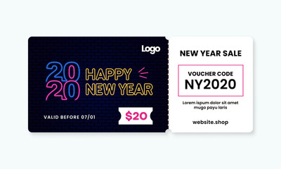 Neon style Happy New Year 2020 voucher gift template vector design with coupon code for shop discount promotion event