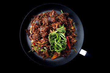 Stir-fried spicy Korean blood sausage which is called Sundae in Korea