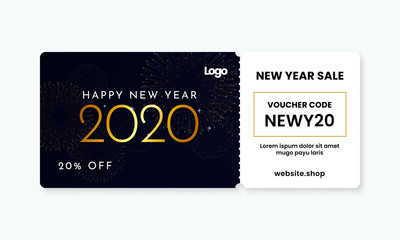 Gold Happy New Year 2020 voucher gift template vector design with coupon code for shop discount promotion event
