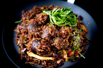 Stir-fried spicy Korean blood sausage which is called Sundae in Korea