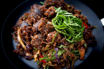 Stir-fried spicy Korean blood sausage which is called Sundae in Korea