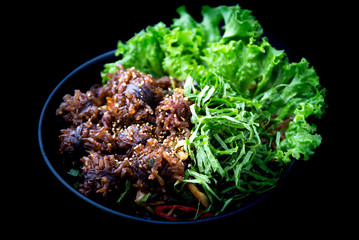Stir-fried spicy Korean blood sausage which is called Sundae in Korea