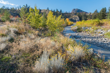 Fototapeta na wymiar Beautiful autumn landscape view of stream runnning through valley and blue sky