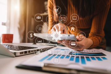 Digital marketing media social network, businessman using on smartphone and tablet as concept  in virtual icon diagram. 