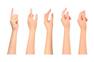 Set of Young woman hands isolated on white background.
