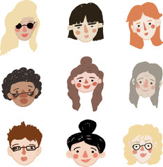 Hand drawn simple vector set of womens heads with different haircut, skin color, races and ages
